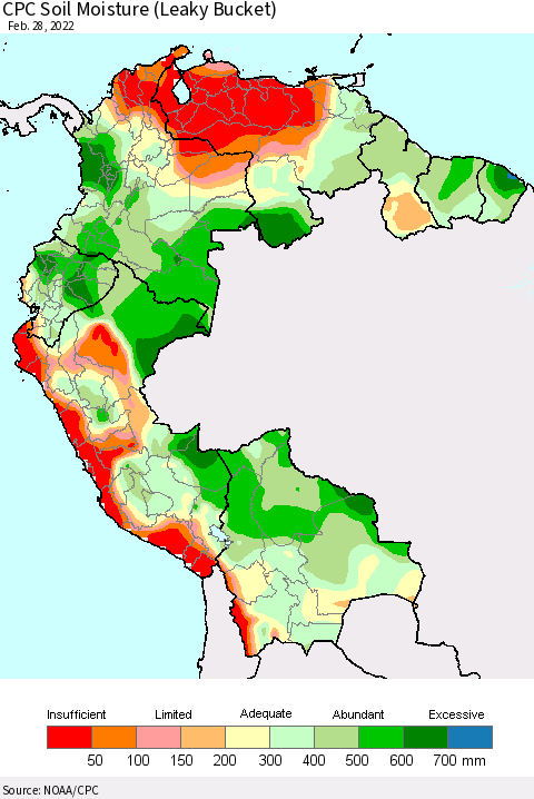 Northern South America CPC Calculated Soil Moisture (Leaky Bucket) Thematic Map For 2/26/2022 - 2/28/2022