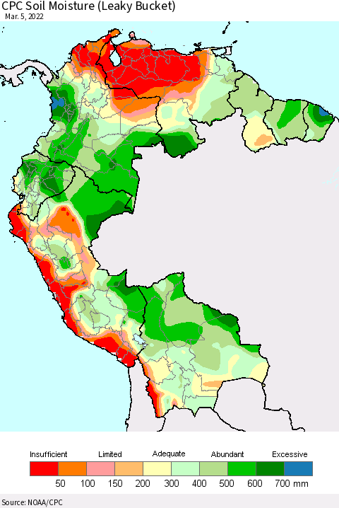 Northern South America CPC Soil Moisture (Leaky Bucket) Thematic Map For 3/1/2022 - 3/5/2022