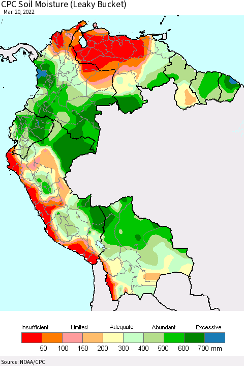 Northern South America CPC Calculated Soil Moisture (Leaky Bucket) Thematic Map For 3/16/2022 - 3/20/2022