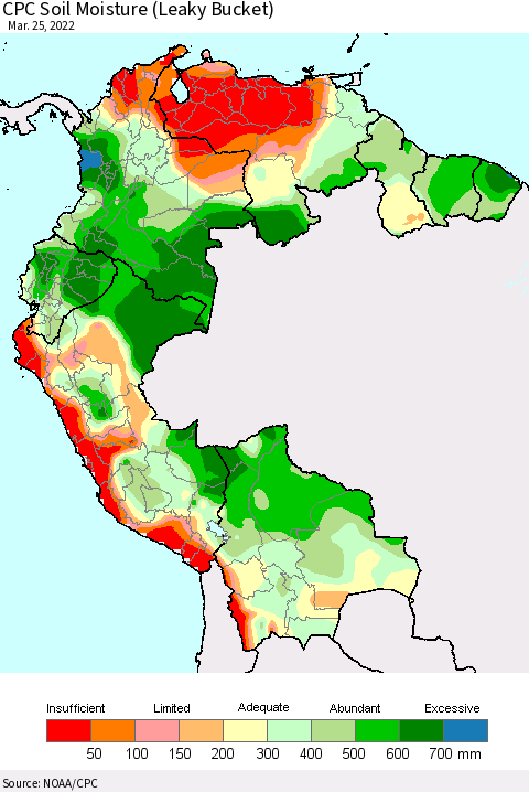Northern South America CPC Calculated Soil Moisture (Leaky Bucket) Thematic Map For 3/21/2022 - 3/25/2022