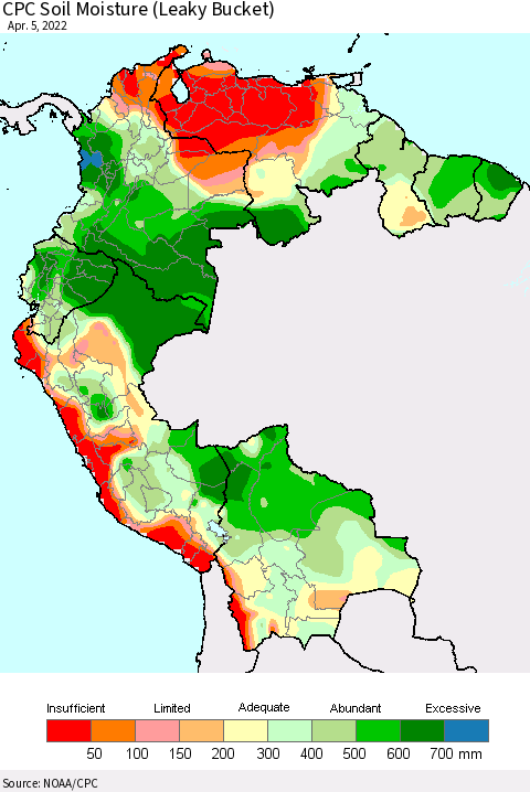 Northern South America CPC Calculated Soil Moisture (Leaky Bucket) Thematic Map For 4/1/2022 - 4/5/2022