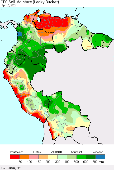 Northern South America CPC Calculated Soil Moisture (Leaky Bucket) Thematic Map For 4/6/2022 - 4/10/2022