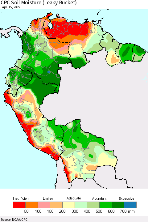 Northern South America CPC Calculated Soil Moisture (Leaky Bucket) Thematic Map For 4/11/2022 - 4/15/2022