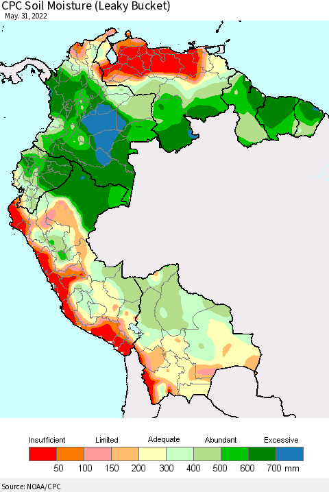 Northern South America CPC Calculated Soil Moisture (Leaky Bucket) Thematic Map For 5/26/2022 - 5/31/2022