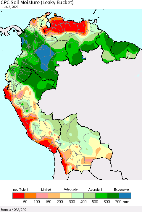 Northern South America CPC Calculated Soil Moisture (Leaky Bucket) Thematic Map For 6/1/2022 - 6/5/2022