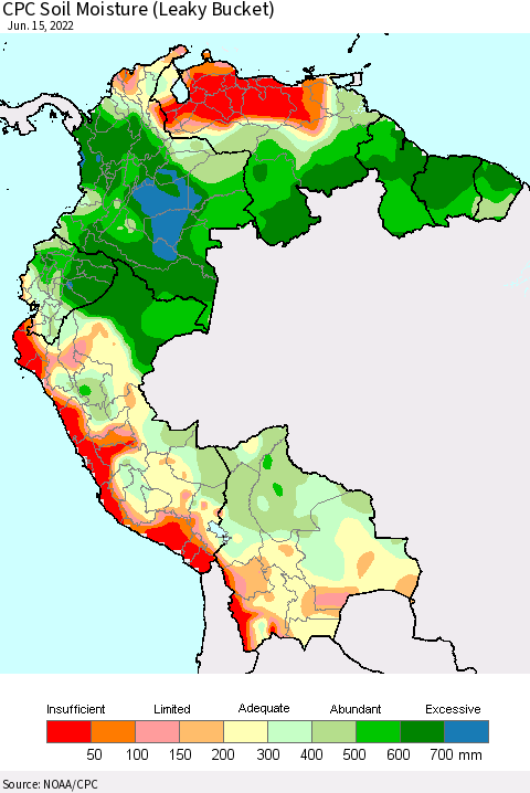 Northern South America CPC Calculated Soil Moisture (Leaky Bucket) Thematic Map For 6/11/2022 - 6/15/2022