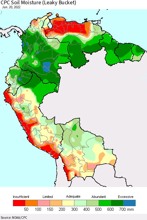 Northern South America CPC Calculated Soil Moisture (Leaky Bucket) Thematic Map For 6/16/2022 - 6/20/2022