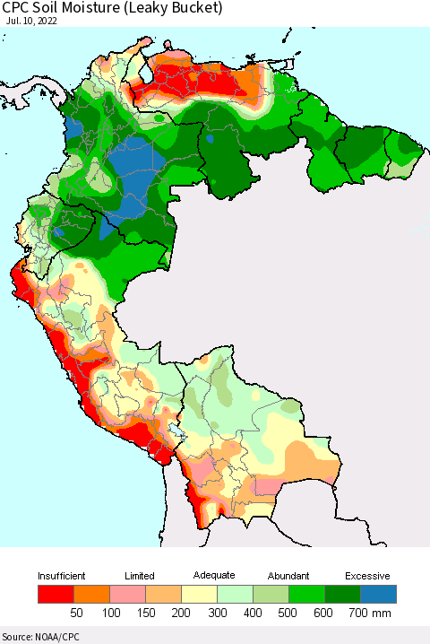 Northern South America CPC Soil Moisture (Leaky Bucket) Thematic Map For 7/6/2022 - 7/10/2022