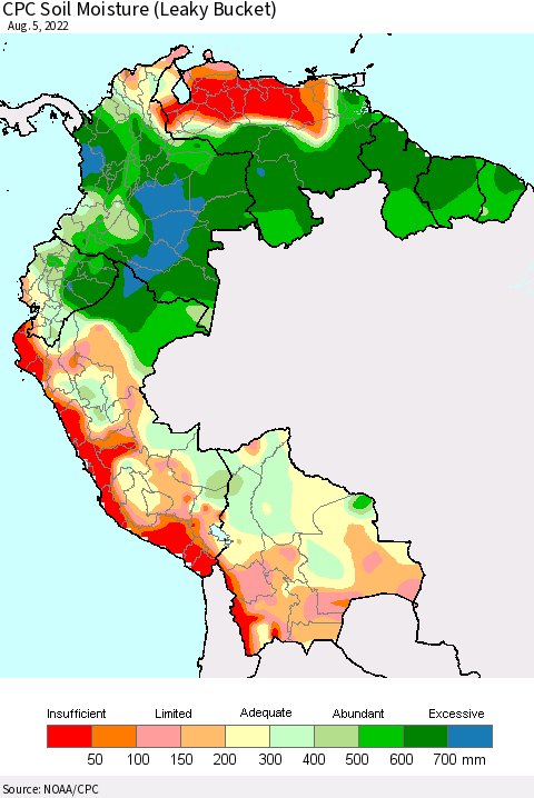 Northern South America CPC Calculated Soil Moisture (Leaky Bucket) Thematic Map For 8/1/2022 - 8/5/2022