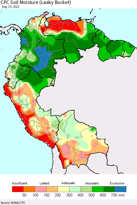 Northern South America CPC Calculated Soil Moisture (Leaky Bucket) Thematic Map For 8/6/2022 - 8/10/2022