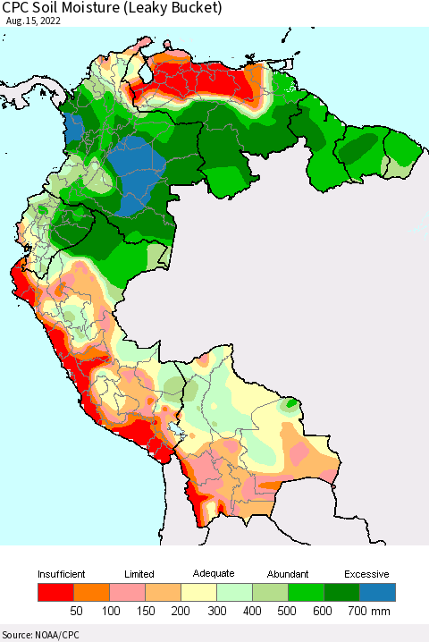 Northern South America CPC Calculated Soil Moisture (Leaky Bucket) Thematic Map For 8/11/2022 - 8/15/2022