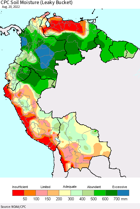 Northern South America CPC Calculated Soil Moisture (Leaky Bucket) Thematic Map For 8/16/2022 - 8/20/2022