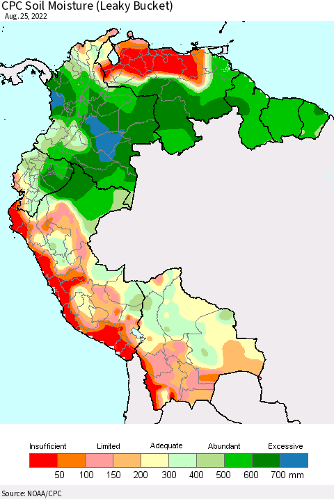 Northern South America CPC Calculated Soil Moisture (Leaky Bucket) Thematic Map For 8/21/2022 - 8/25/2022