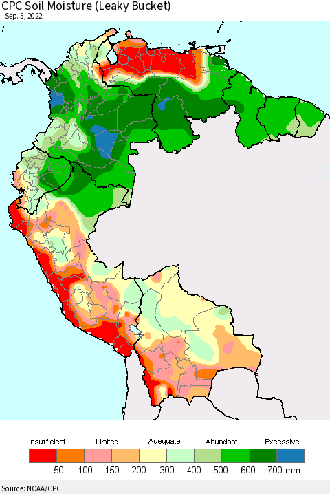Northern South America CPC Soil Moisture (Leaky Bucket) Thematic Map For 9/1/2022 - 9/5/2022
