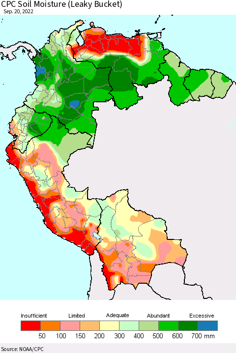 Northern South America CPC Calculated Soil Moisture (Leaky Bucket) Thematic Map For 9/16/2022 - 9/20/2022