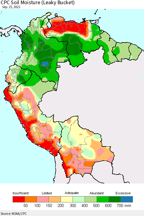 Northern South America CPC Calculated Soil Moisture (Leaky Bucket) Thematic Map For 9/21/2022 - 9/25/2022