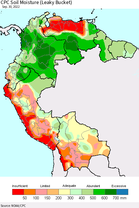Northern South America CPC Calculated Soil Moisture (Leaky Bucket) Thematic Map For 9/26/2022 - 9/30/2022