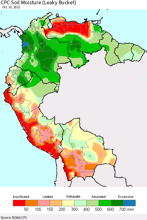 Northern South America CPC Calculated Soil Moisture (Leaky Bucket) Thematic Map For 10/6/2022 - 10/10/2022