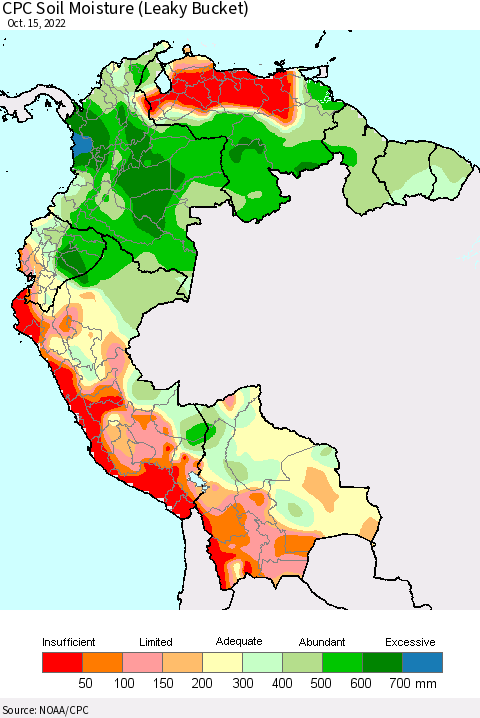 Northern South America CPC Soil Moisture (Leaky Bucket) Thematic Map For 10/11/2022 - 10/15/2022