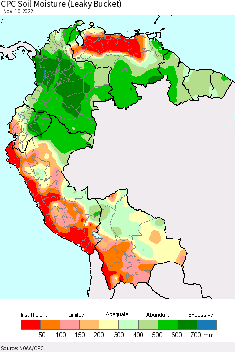 Northern South America CPC Calculated Soil Moisture (Leaky Bucket) Thematic Map For 11/6/2022 - 11/10/2022