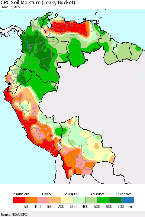 Northern South America CPC Soil Moisture (Leaky Bucket) Thematic Map For 11/11/2022 - 11/15/2022