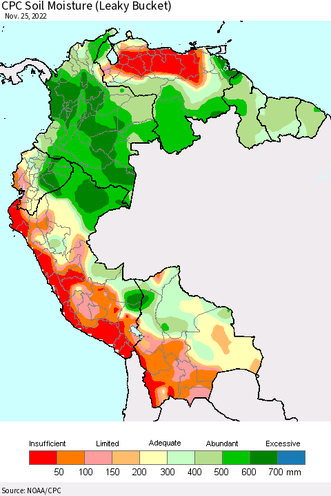 Northern South America CPC Calculated Soil Moisture (Leaky Bucket) Thematic Map For 11/21/2022 - 11/25/2022