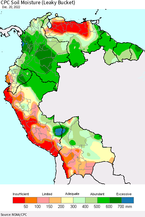 Northern South America CPC Calculated Soil Moisture (Leaky Bucket) Thematic Map For 12/16/2022 - 12/20/2022