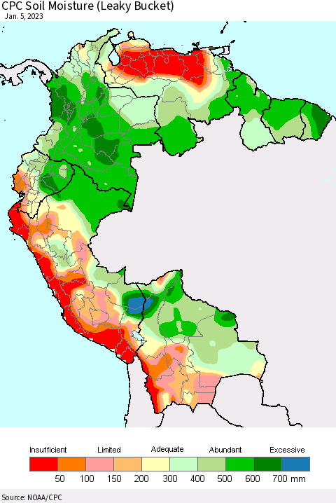Northern South America CPC Soil Moisture (Leaky Bucket) Thematic Map For 1/1/2023 - 1/5/2023