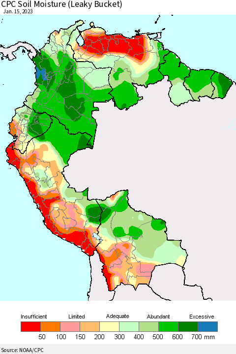 Northern South America CPC Calculated Soil Moisture (Leaky Bucket) Thematic Map For 1/11/2023 - 1/15/2023