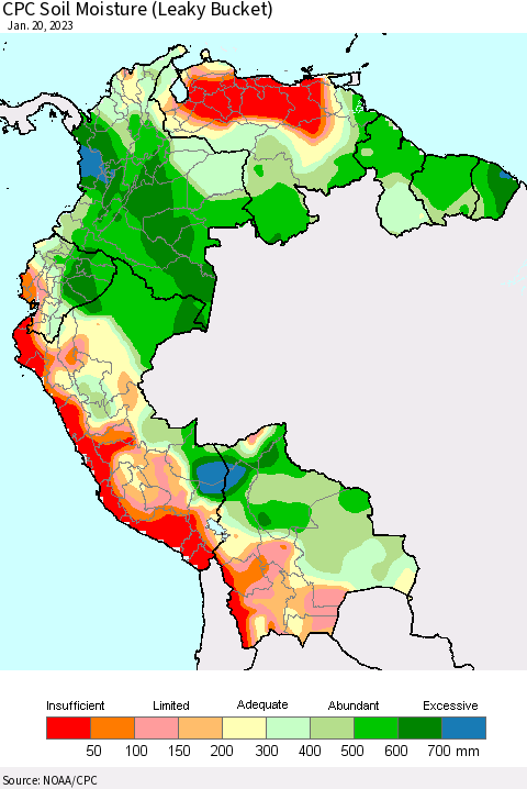 Northern South America CPC Calculated Soil Moisture (Leaky Bucket) Thematic Map For 1/16/2023 - 1/20/2023