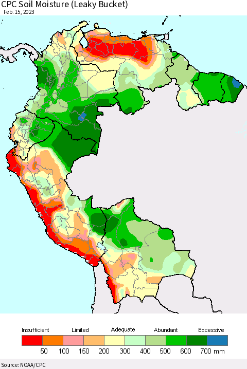 Northern South America CPC Calculated Soil Moisture (Leaky Bucket) Thematic Map For 2/11/2023 - 2/15/2023