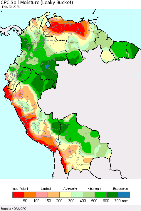 Northern South America CPC Calculated Soil Moisture (Leaky Bucket) Thematic Map For 2/16/2023 - 2/20/2023