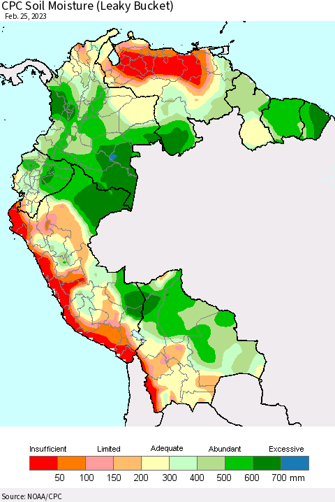 Northern South America CPC Calculated Soil Moisture (Leaky Bucket) Thematic Map For 2/21/2023 - 2/25/2023