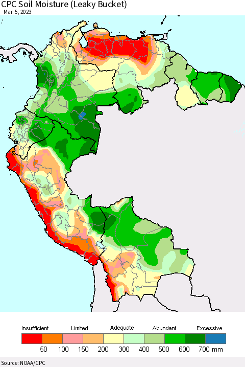 Northern South America CPC Calculated Soil Moisture (Leaky Bucket) Thematic Map For 3/1/2023 - 3/5/2023