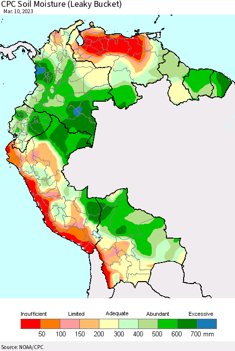 Northern South America CPC Calculated Soil Moisture (Leaky Bucket) Thematic Map For 3/6/2023 - 3/10/2023