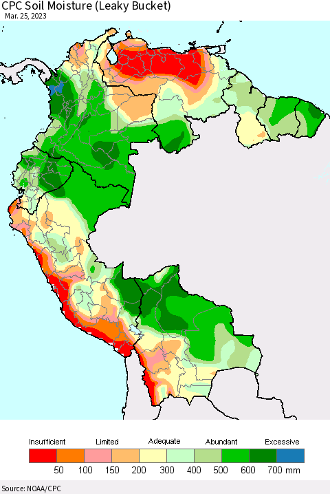 Northern South America CPC Calculated Soil Moisture (Leaky Bucket) Thematic Map For 3/21/2023 - 3/25/2023