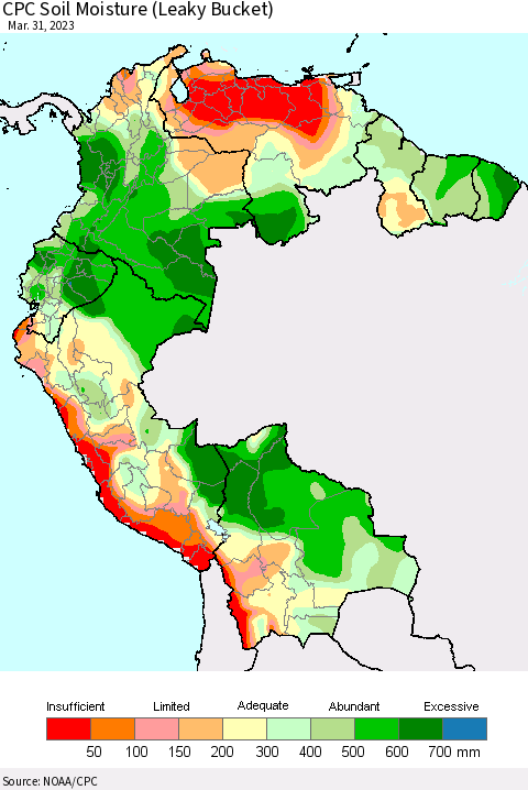Northern South America CPC Soil Moisture (Leaky Bucket) Thematic Map For 3/26/2023 - 3/31/2023