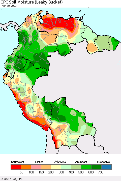 Northern South America CPC Soil Moisture (Leaky Bucket) Thematic Map For 4/6/2023 - 4/10/2023