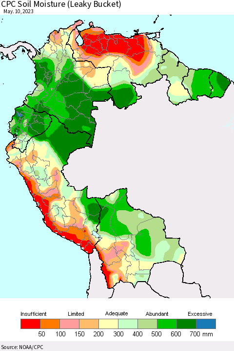 Northern South America CPC Soil Moisture (Leaky Bucket) Thematic Map For 5/6/2023 - 5/10/2023