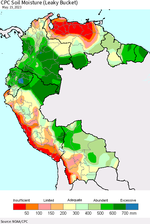 Northern South America CPC Soil Moisture (Leaky Bucket) Thematic Map For 5/11/2023 - 5/15/2023