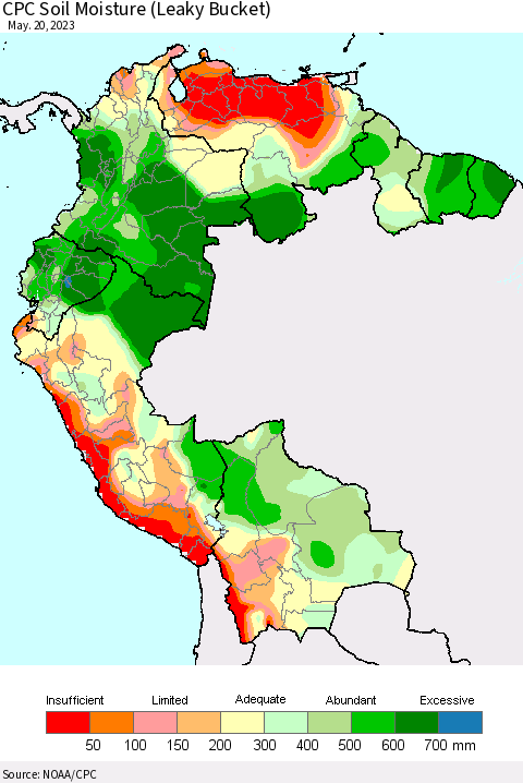 Northern South America CPC Soil Moisture (Leaky Bucket) Thematic Map For 5/16/2023 - 5/20/2023