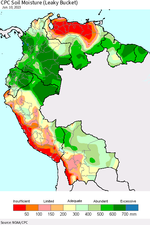 Northern South America CPC Soil Moisture (Leaky Bucket) Thematic Map For 6/6/2023 - 6/10/2023