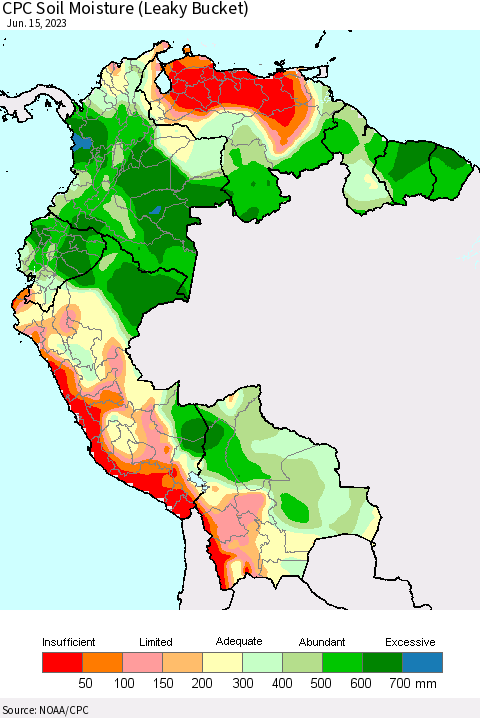 Northern South America CPC Soil Moisture (Leaky Bucket) Thematic Map For 6/11/2023 - 6/15/2023