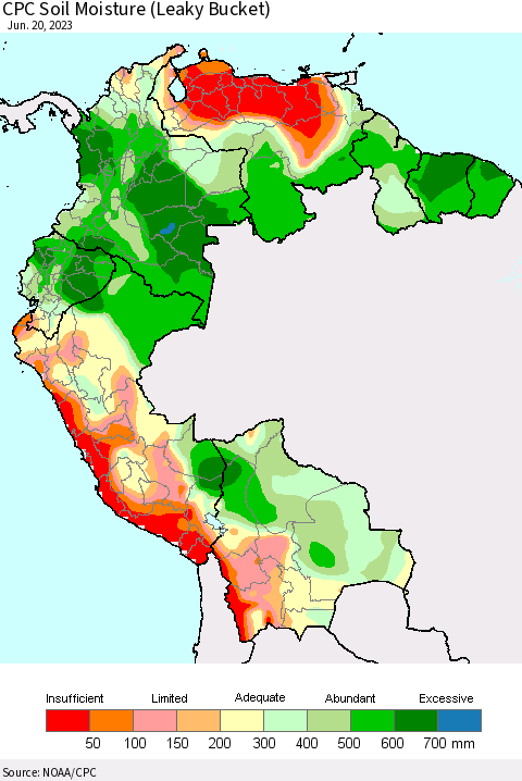 Northern South America CPC Soil Moisture (Leaky Bucket) Thematic Map For 6/16/2023 - 6/20/2023