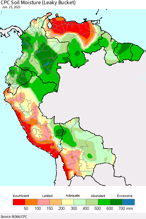 Northern South America CPC Soil Moisture (Leaky Bucket) Thematic Map For 6/21/2023 - 6/25/2023