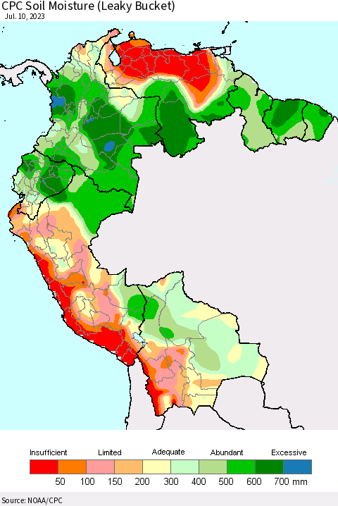 Northern South America CPC Soil Moisture (Leaky Bucket) Thematic Map For 7/6/2023 - 7/10/2023