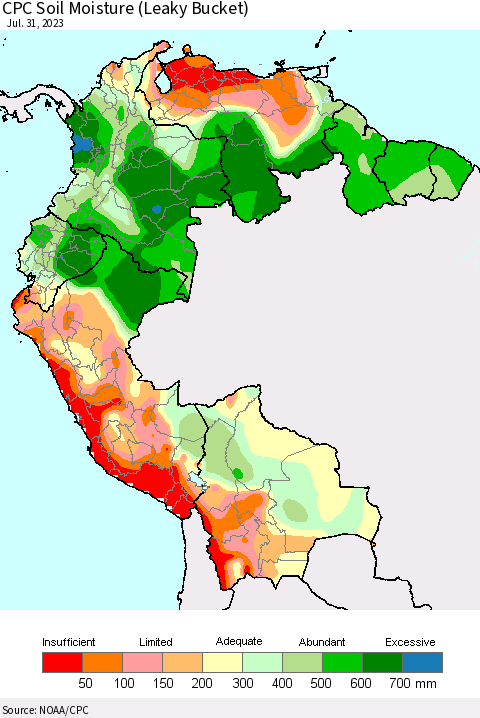 Northern South America CPC Soil Moisture (Leaky Bucket) Thematic Map For 7/26/2023 - 7/31/2023