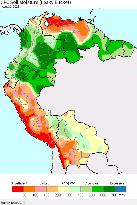 Northern South America CPC Soil Moisture (Leaky Bucket) Thematic Map For 8/6/2023 - 8/10/2023