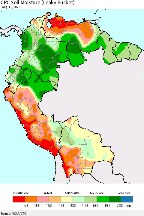 Northern South America CPC Soil Moisture (Leaky Bucket) Thematic Map For 8/11/2023 - 8/15/2023