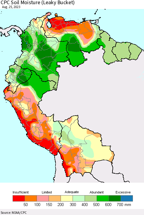 Northern South America CPC Soil Moisture (Leaky Bucket) Thematic Map For 8/21/2023 - 8/25/2023